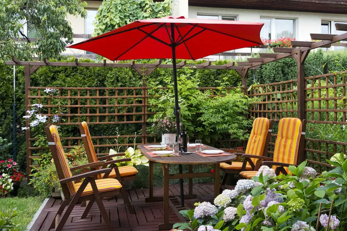 Image of umbrella in garden to illustrate how to replace a patio umbrella cord